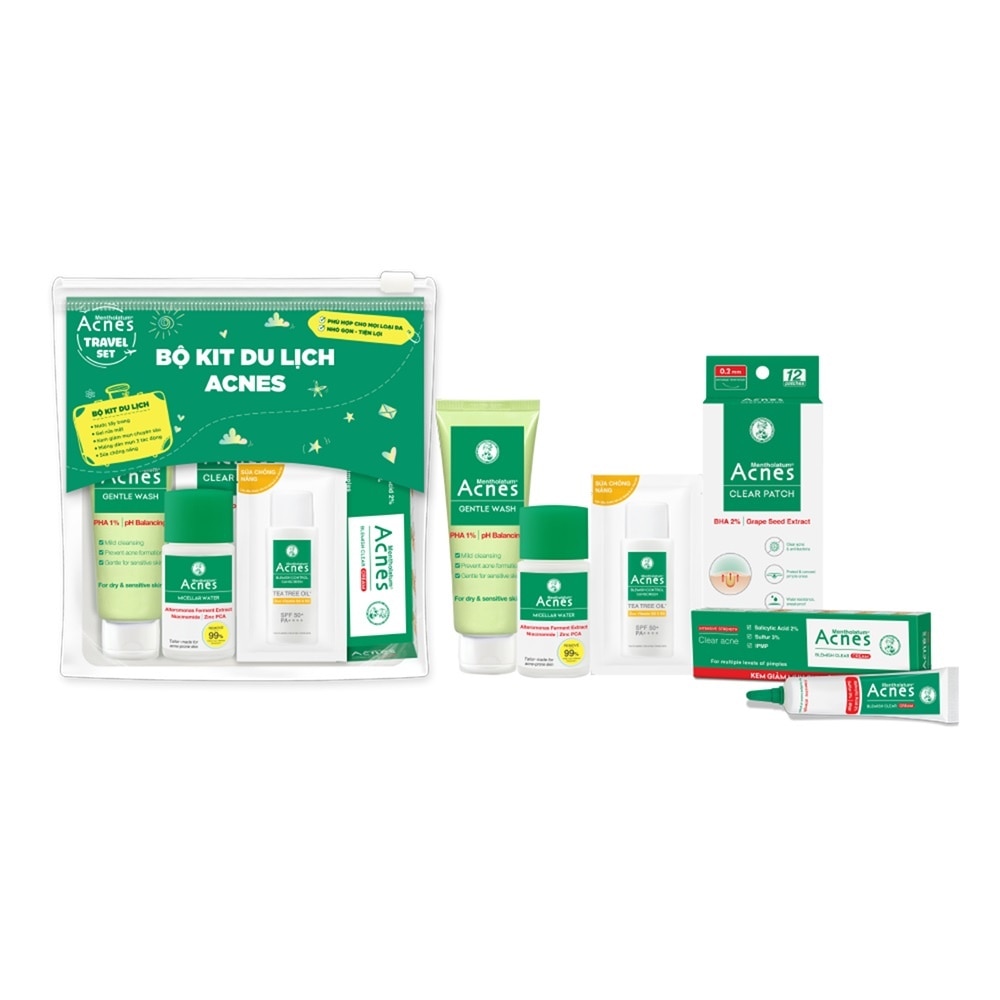 Bộ Kit Du Lịch Acnes (Kem Chấm Mụn 5g+DánMụn 12pcs+Tẩy Trang 20ml+Gel Rửa Mặt 25g+ChốngNắng 5gx5pcs)