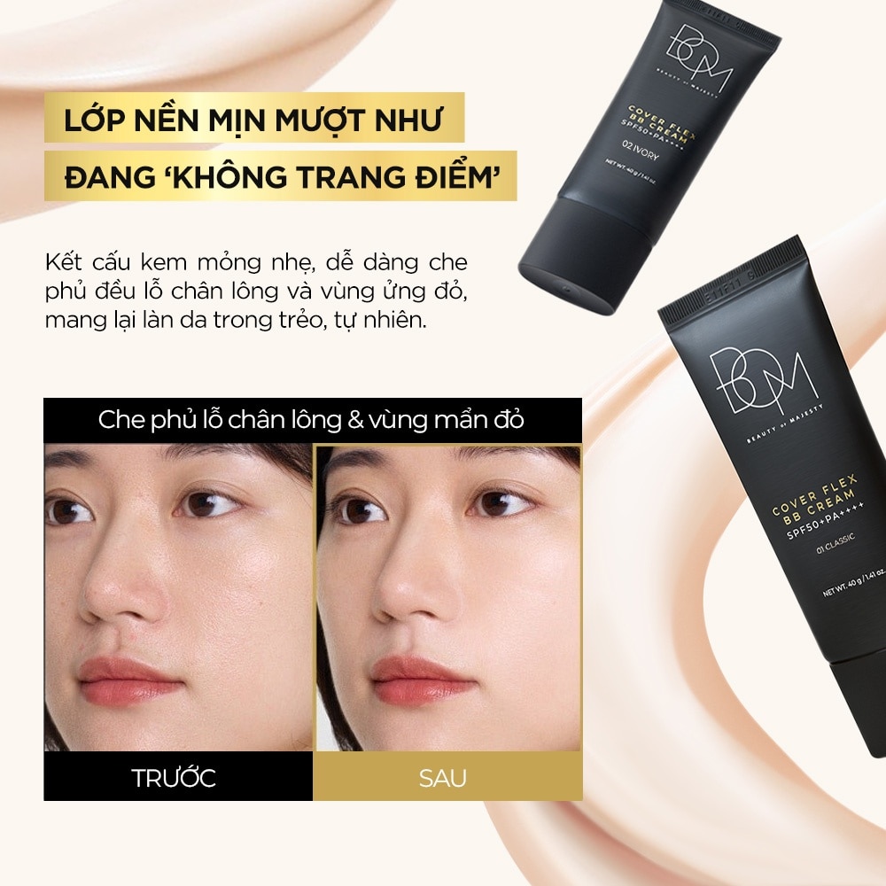 Kem Nền BOM Cover Flex BB Cream SPF50+PA++++ 40g .#01 Classic