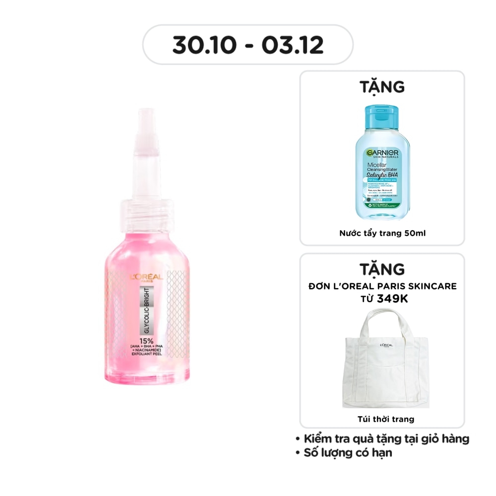 Tinh Chất L'oreal Paris Glycolic Bright Anti Dark Spot Exfoliant Peel Sáng Da Làm Sạch Tế Bào Da Chết 25ml