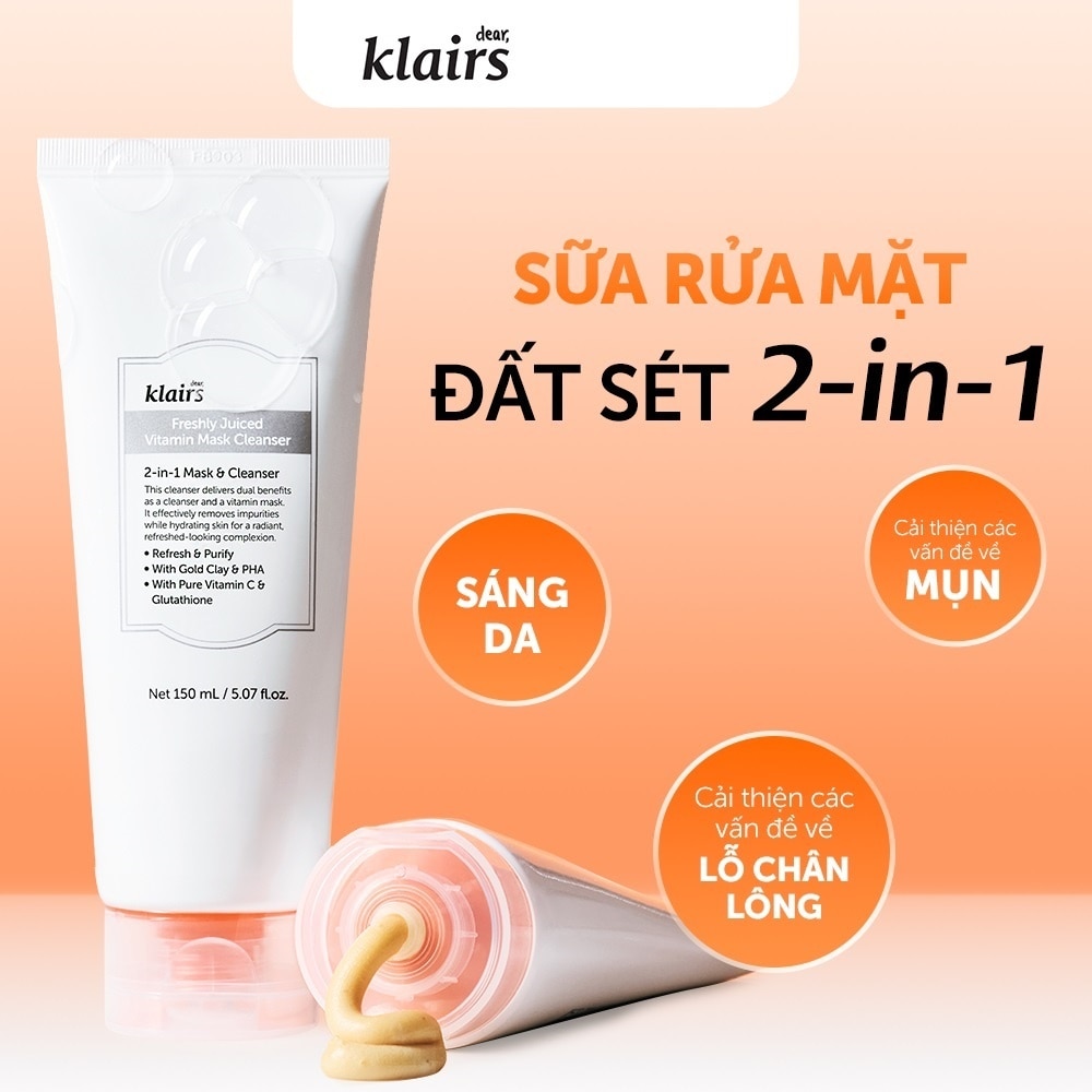 Sữa Rửa Mặt Dear, Klairs Freshly Juiced Vitamin Mask Cleanser 150ml