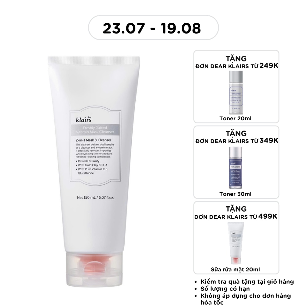 Sữa Rửa Mặt Dear, Klairs Freshly Juiced Vitamin Mask Cleanser 150ml