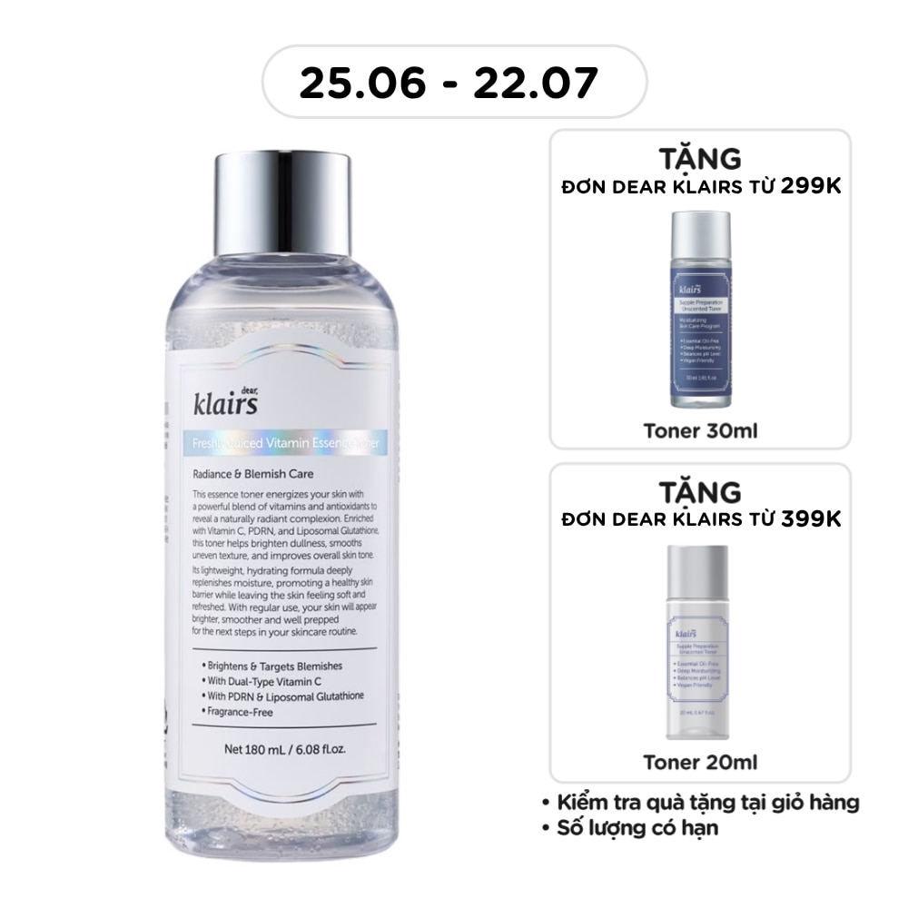 Nước Hoa Hồng Dear, Klairs Freshly Juiced Vitamin Essence Toner 180ml