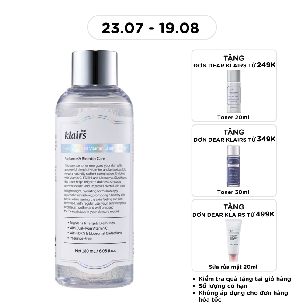 Nước Hoa Hồng Dear, Klairs Freshly Juiced Vitamin Essence Toner 180ml