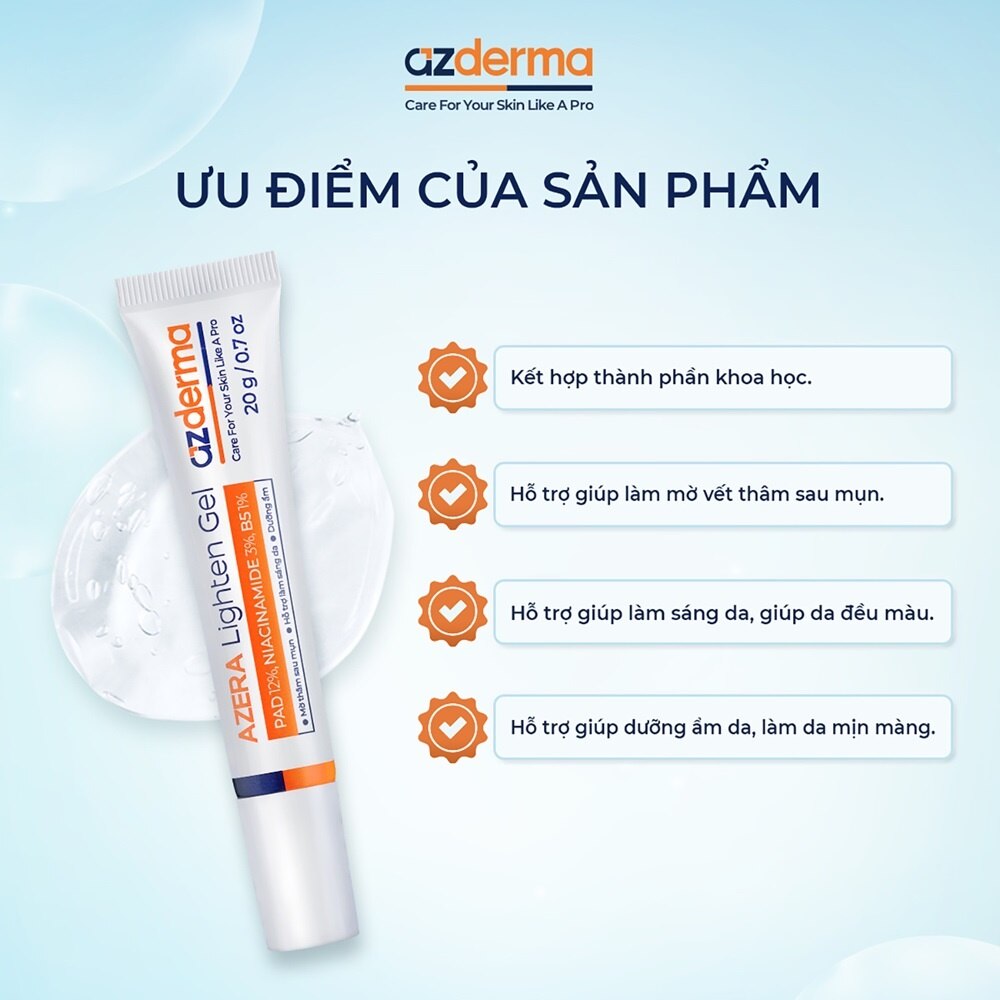 Gel Azderma Azera Lighten Gel Hỗ Trợ Giảm Thâm Sau Mụn 20g