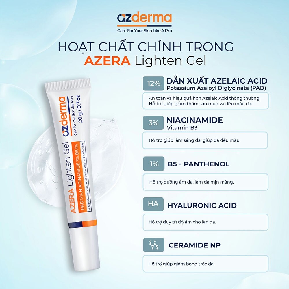 Gel Azderma Azera Lighten Gel Hỗ Trợ Giảm Thâm Sau Mụn 20g