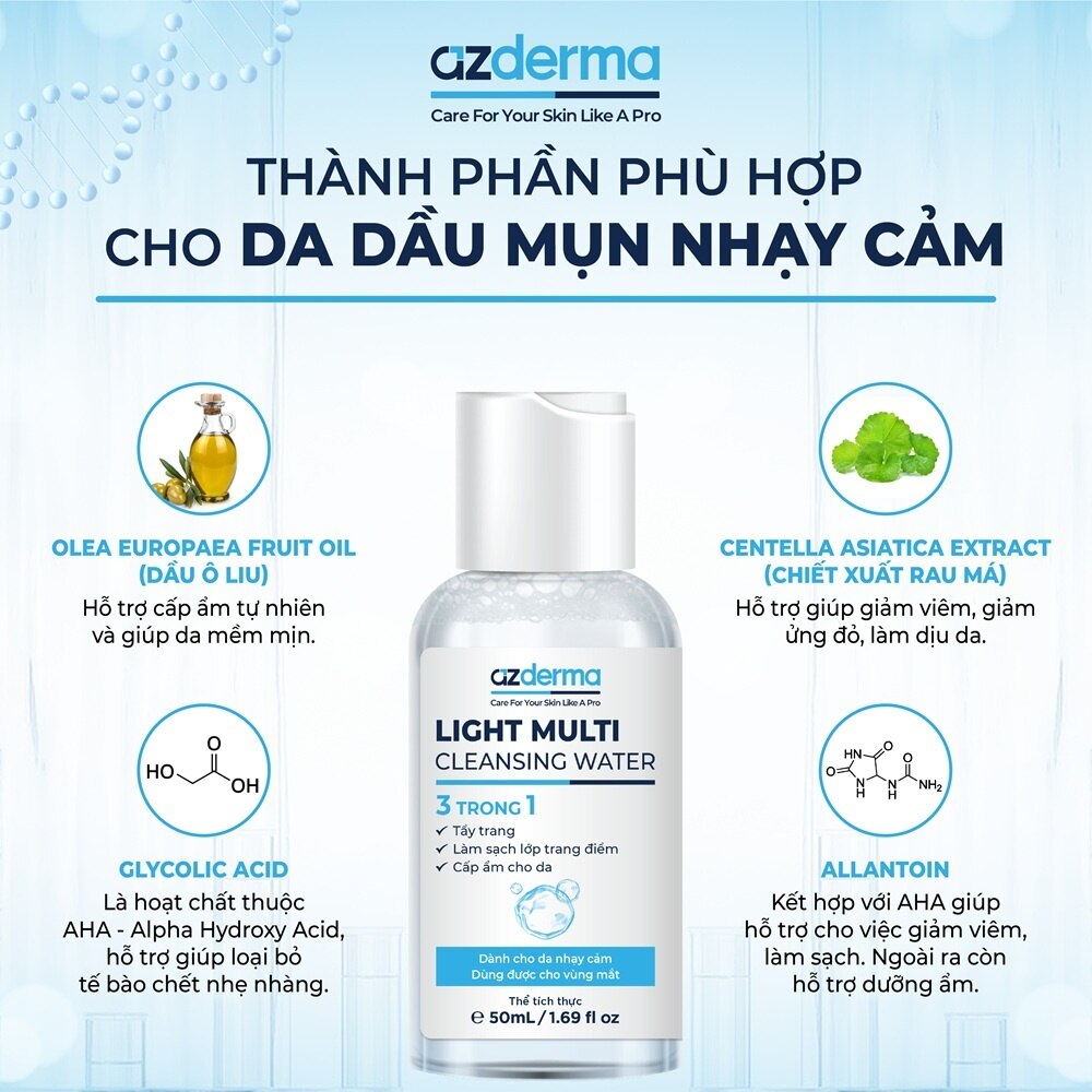 Nước Tẩy Trang Azderma Light Multi Cleansing Water Cho Da Dầu Mụn, Nhạy Cảm 50ml