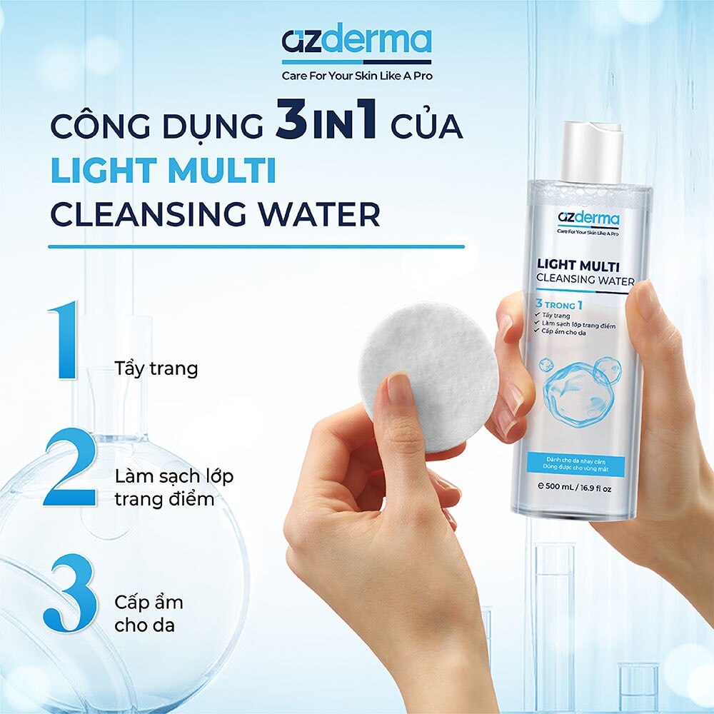 Nước Tẩy Trang Azderma Light Multi Cleansing Water Cho Da Dầu Mụn, Nhạy Cảm 500ml