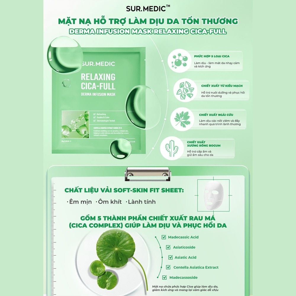 Mặt Nạ Làm Dịu Da Sur.Medic Derma Infusion Mask Relaxing Cica-Full 28g
