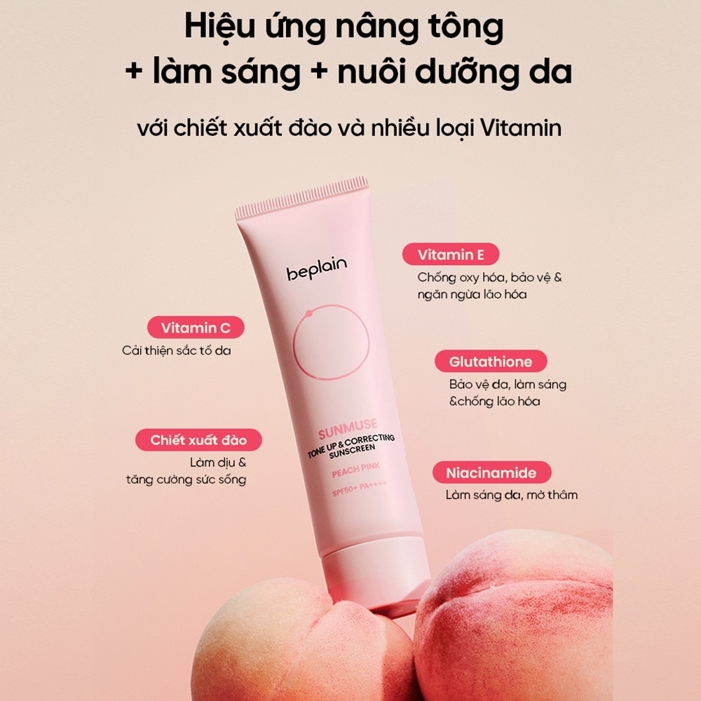 Kem Chống Nắng Beplain Sunmuse Tone Up & Correcting Sunscreen Peach Pink SPF50+ PA++++ 50ml