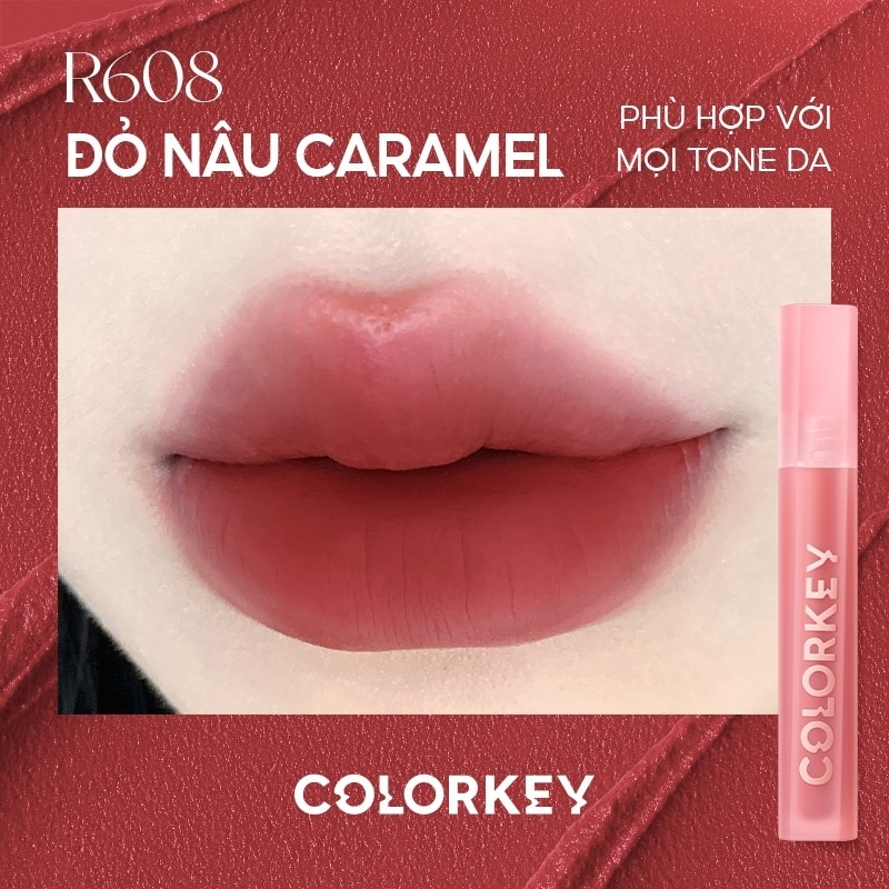 Son Kem Lì Colorkey Airy Velvet Lip Lacquer 2.5g .#R608 Đỏ Nâu Caramel
