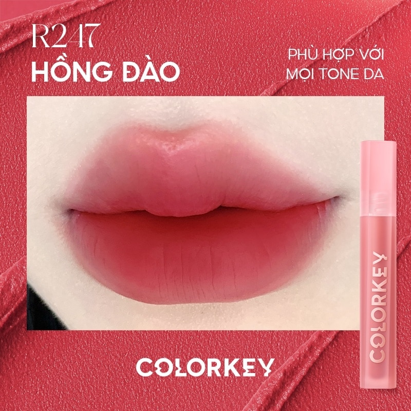 Son Kem Lì Colorkey Airy Velvet Lip Lacquer 2.5g .#R247 Hồng Đào