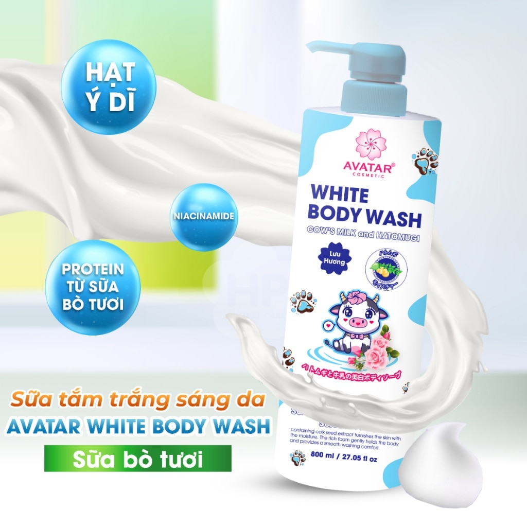Sữa Tắm Avatar Trắng Sáng Da Sửa Bò Tươi 800ml + Bông Tắm