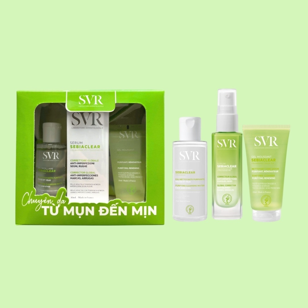 Combo SVR Sebiaclear (Tinh Chất 30ml + Nước Tẩy Trang 75ml + Gel Rửa Mặt 55ml + Túi Lưới)