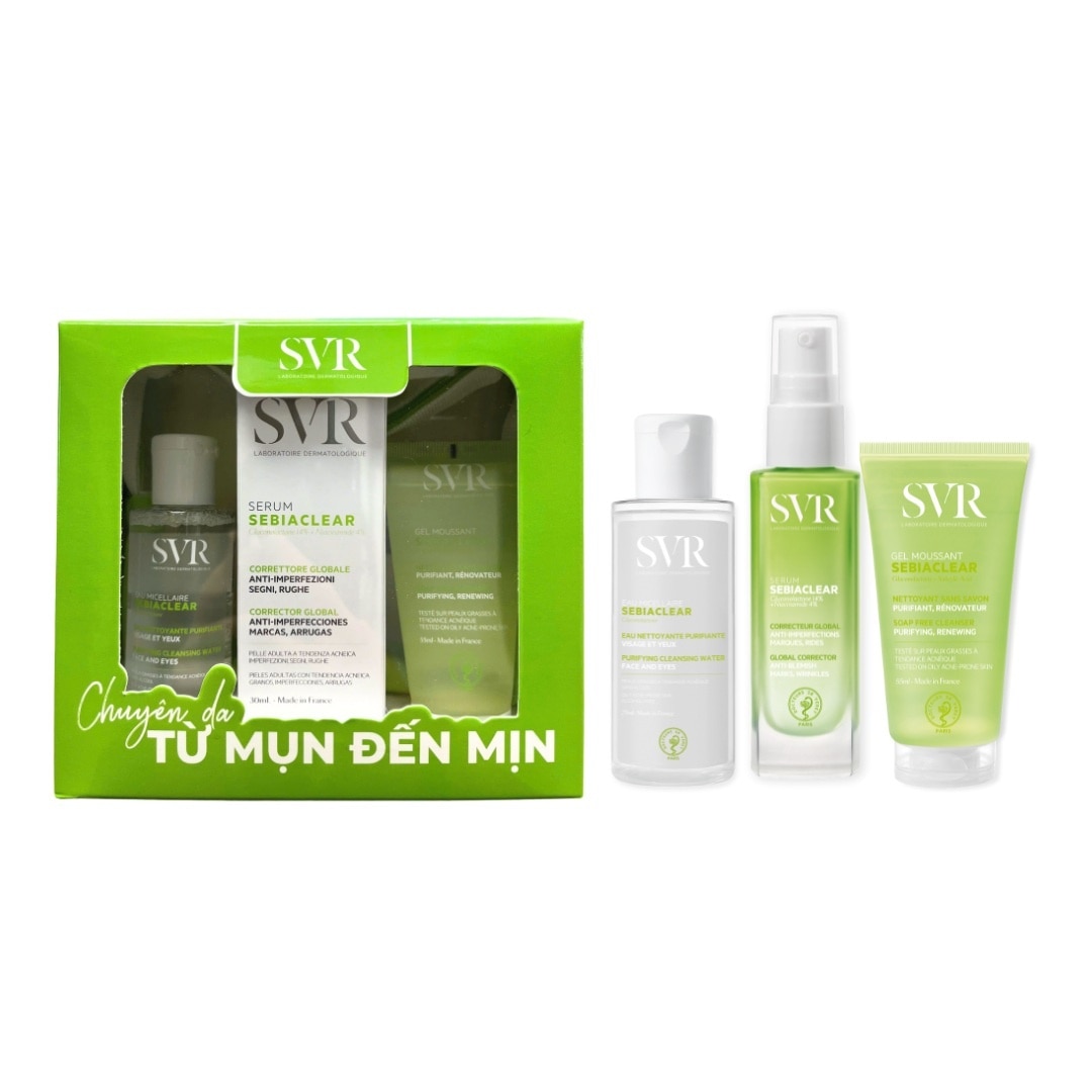 Combo SVR Sebiaclear (Tinh Chất 30ml + Nước Tẩy Trang 75ml + Gel Rửa Mặt 55ml + Túi Lưới)