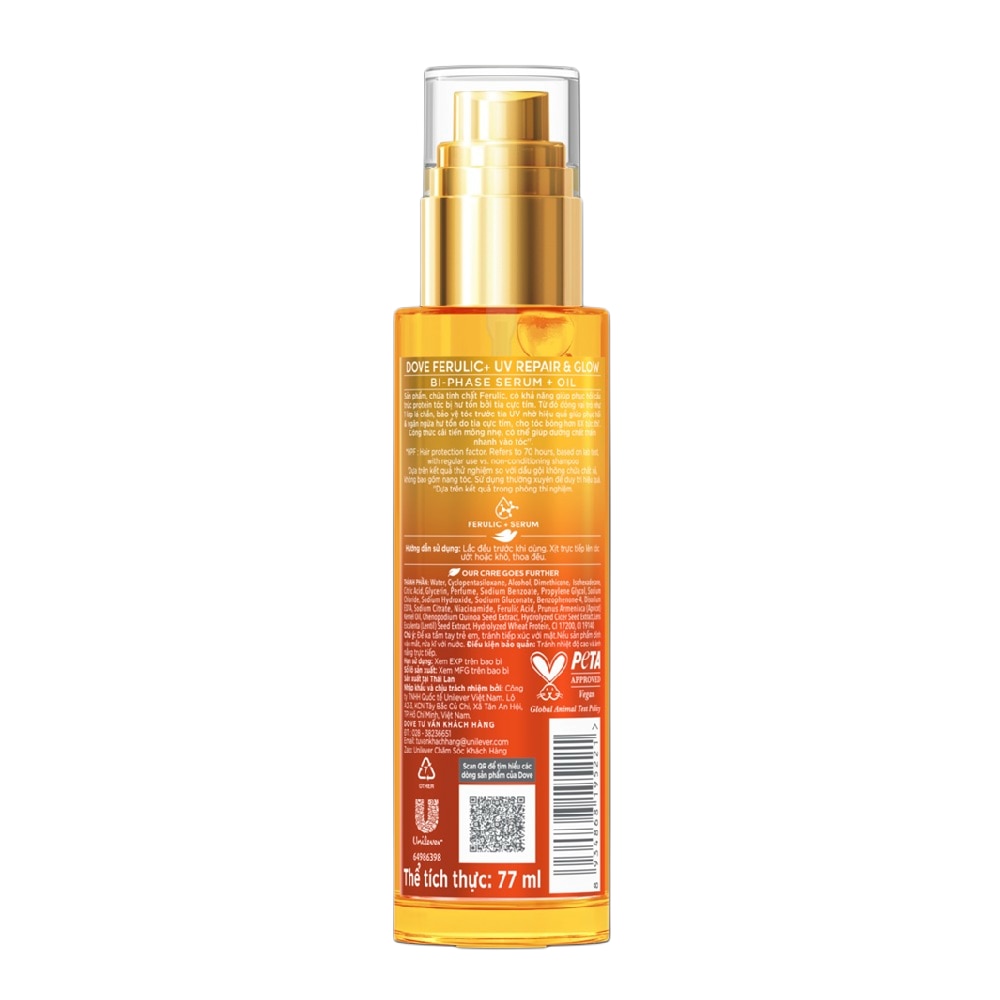 Serum Dưỡng Tóc Dove Ferulic + UV Repair & Glow Bi-Phase Serum + Oil 77ml