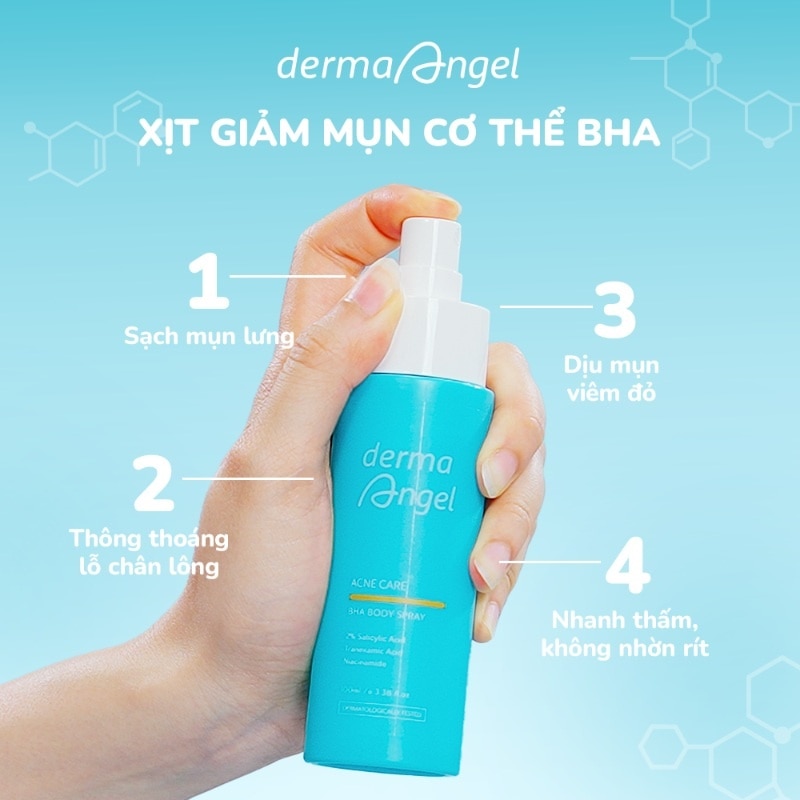Xịt Dưỡng Da Toàn Thân Giảm Mụn DermaAngel Acne Care BHA Body Spray 100ml