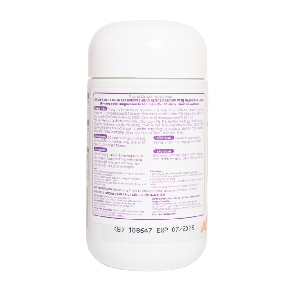 Thực Phẩm Bảo Vệ Sức Khỏe Nature's Way Kids Smart Bursts Liquid Algae Calcium+Magnesium+Zinc 30 Viên image