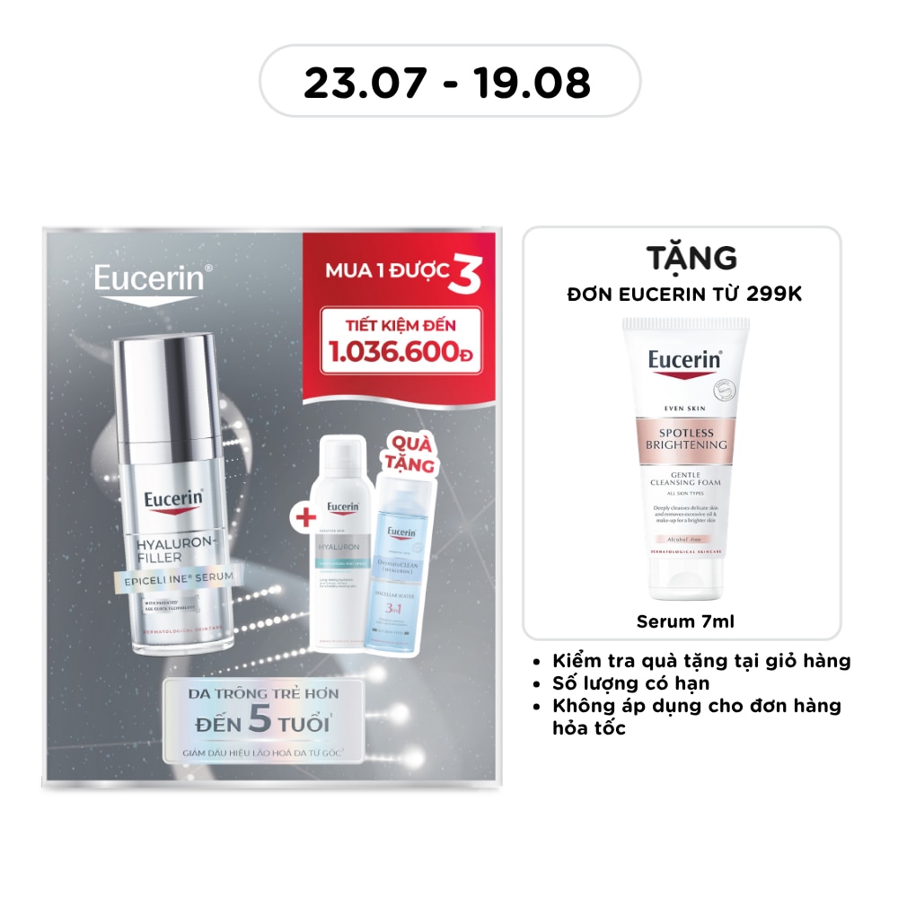 Combo Eucerin (Tinh Chất Hyaluron-Filler 30ml +Xịt Dưỡng Ẩm 150ml + Nước Tẩy Trang 200ml)