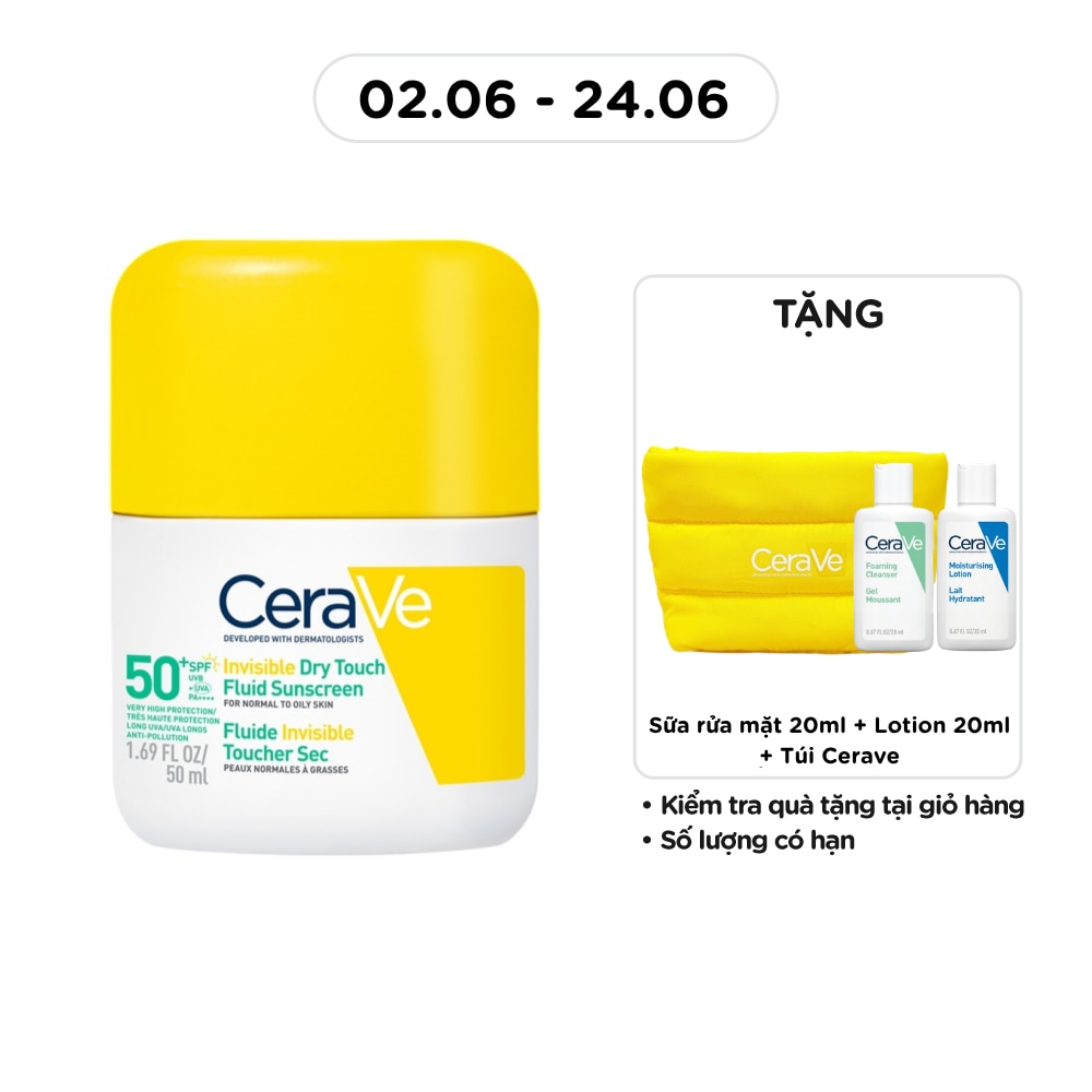 Sữa Chống Nắng Mỏng Nhẹ Khô Thoáng Cerave Invisible Dry Touch Fluid Sunscreen SPF50 PA++++ 50ml