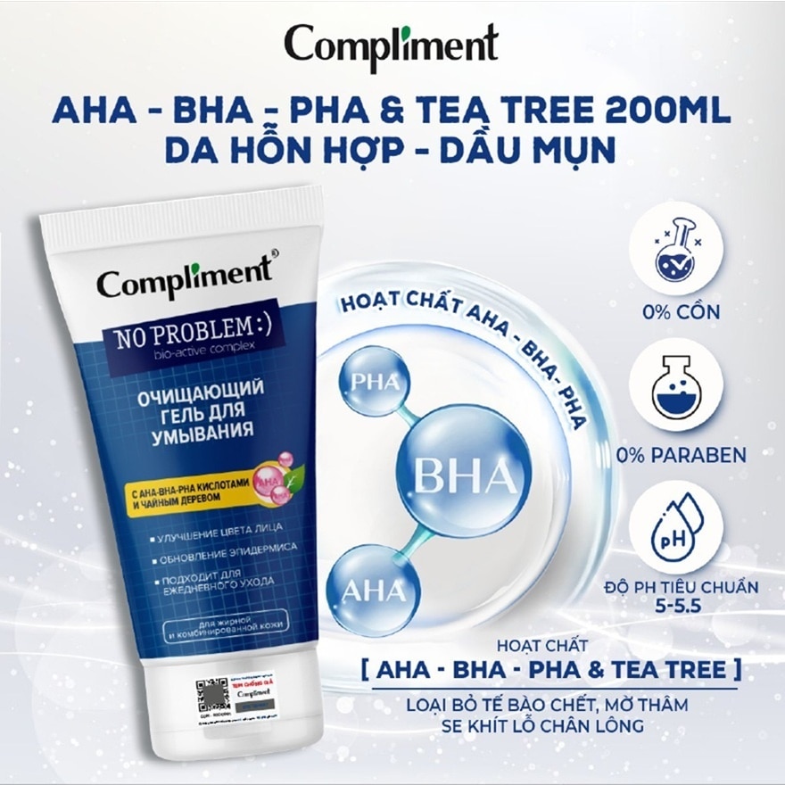 Gel Rửa Mặt Compliment Giảm Mụn và Mờ Thâm No Problem Cleansing Face Wash With AHA-BHA-PHA Acids And Tea Tree 200ml