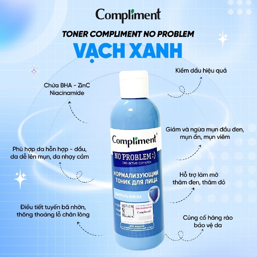 Nước Cân Bằng Compliment Giảm Mụn và Mờ Thâm No Problem Normalizing (BHA - ZinC - Niacinamide) Facial Toner 200ml image