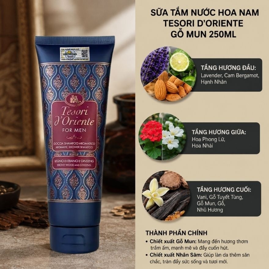Sữa Tắm Nước Hoa Cho Nam Tesori d'Oriente Shower Shampoo Ebony Wood And Ginseng Hương Gỗ Mun 250ml image