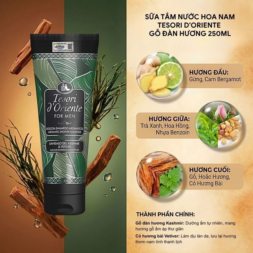 Sữa Tắm Nước Hoa Cho Nam Tesori d'Oriente Shower Shampoo Sandalwood & Vetiver Hương Gỗ Đàn Hương 250ml image