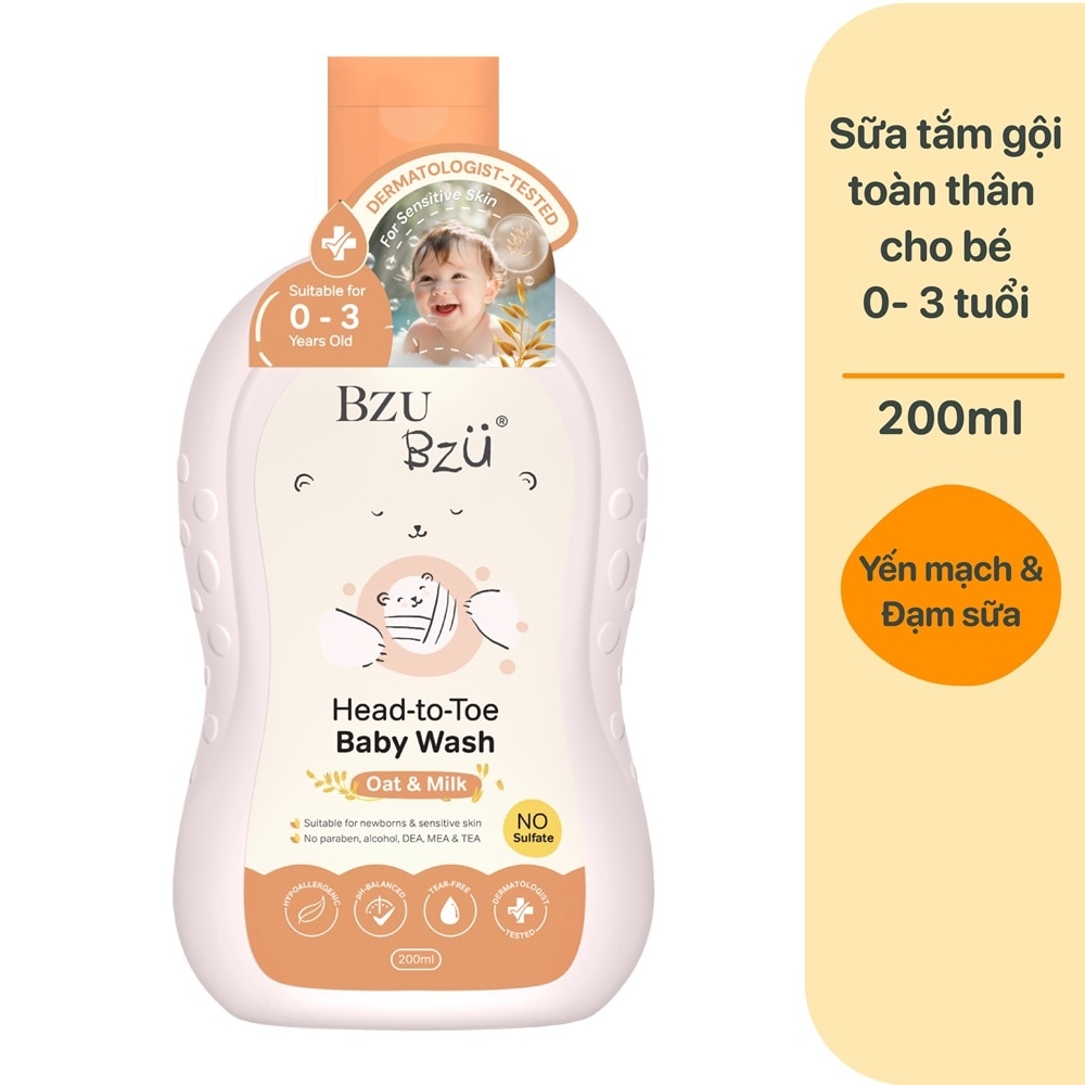 Sữa Tắm Gội Trẻ Em Bzu Bzu Head-To-Toe Baby Wash Oat & Milk Yến Mạch Sữa 200ml image