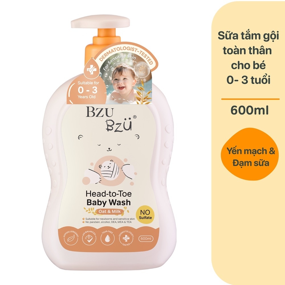 Sữa Tắm Gội Trẻ Em Bzu Bzu Head-To-Toe Baby Wash Oat & Milk Yến Mạch Sữa 600ml image