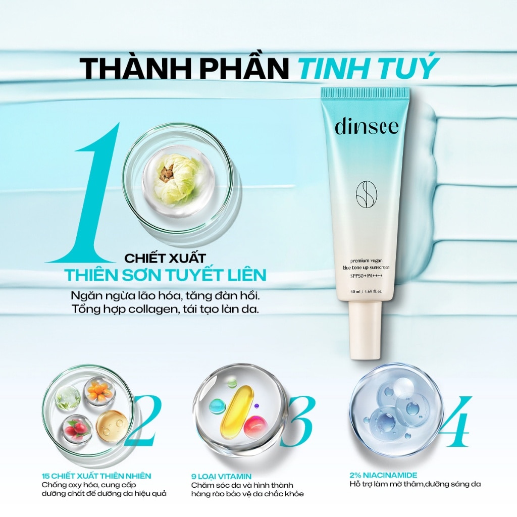 Kem Chống Nắng Nâng Tone Triệt Sắc Dinsee Premium Vegan Blue Tone Up Sunscreen SPF50+ PA++++ 50ml image