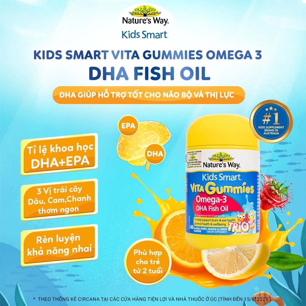 Thực Phẩm Bổ Sung Kẹo Dẻo Nature's Way Kids Smart Vita Gummies Omega-3 DHA Fish Oil Trio 60viên image
