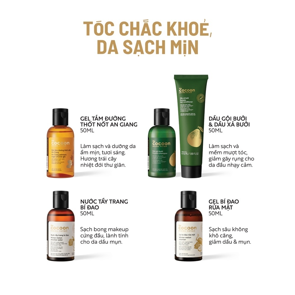 Combo Cocoon (Gội & Xả Bưởi + Gel Tắm Đường Thốt Nốt + Gel Rửa Mặt & Nước Tẩy Trang Bí Đao 50ml+Ví) image
