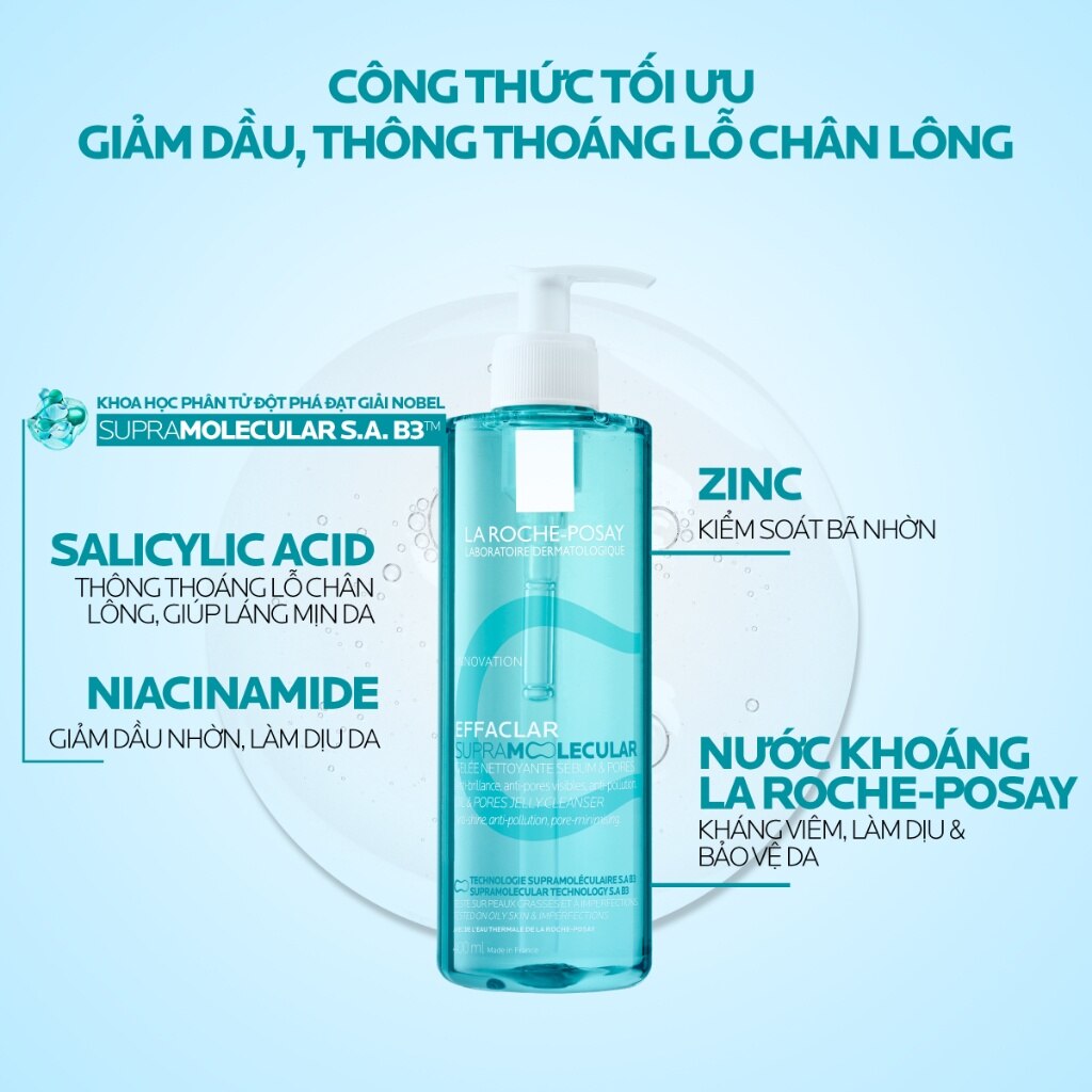 Gel Rửa Mặt La Roche Posay Effaclar Supramolecular Giảm Dầu Và Thông Thoáng Lỗ Chân Lông 400ml image