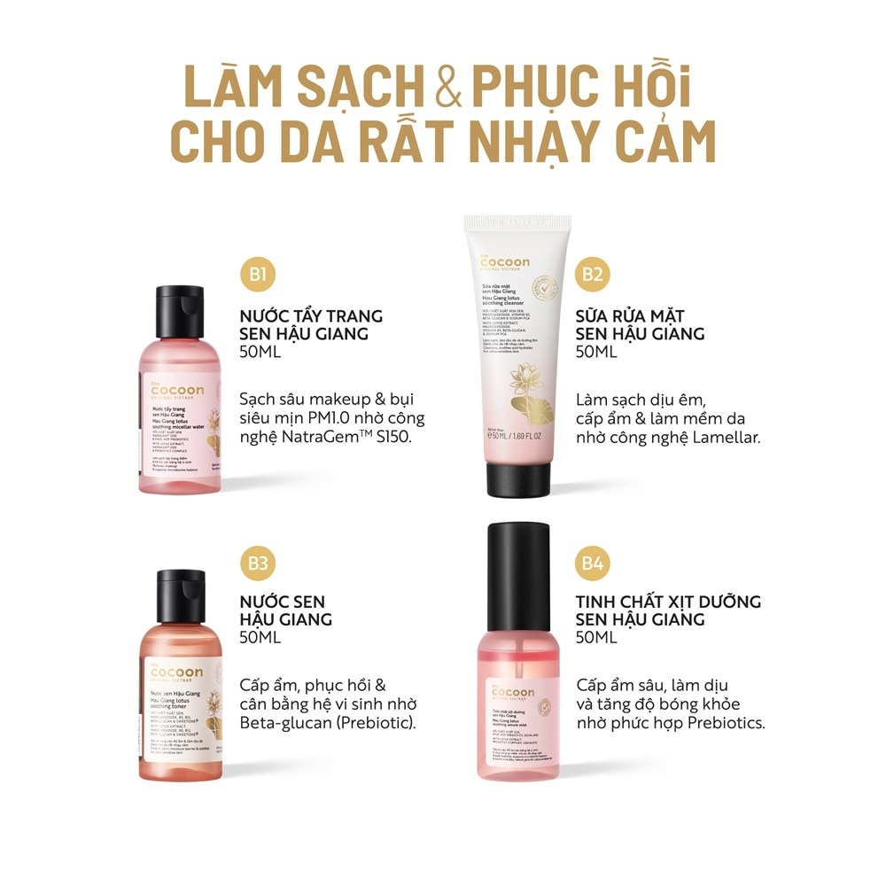 Combo Cocoon Sen Hậu Giang Travel Kit (Nước Tẩy Trang+Sữa Rửa Mặt+NướcCânBằng+Tinh Chất Xịt 50ml+Ví) image