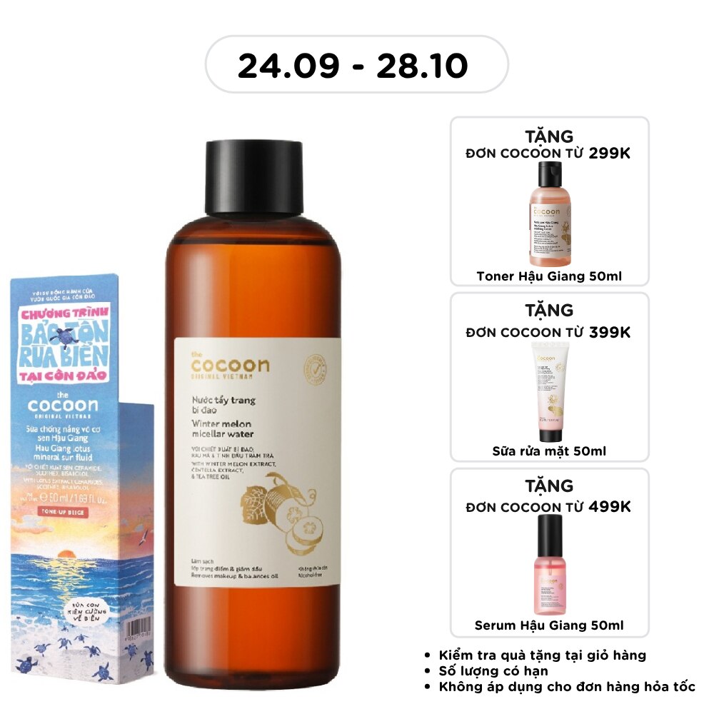 Combo Cocoon (Nước Tẩy Trang Bí Đao 500ml + Sữa Chống Nắng Vô Cơ Sen Hậu Giang Tone-Up Pink 50ml)