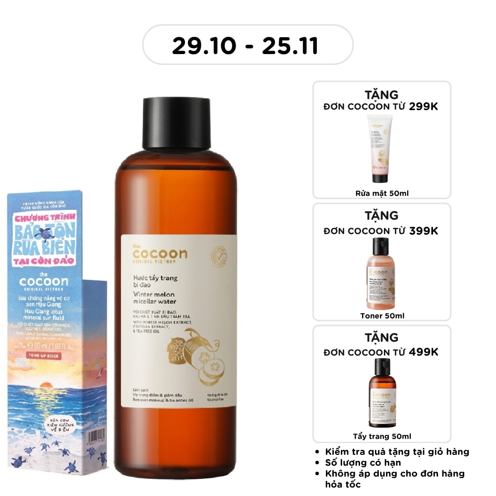 Combo Cocoon (Nước Tẩy Trang Bí Đao 500ml + Sữa Chống Nắng Vô Cơ Sen Hậu Giang Tone-Up Pink 50ml)