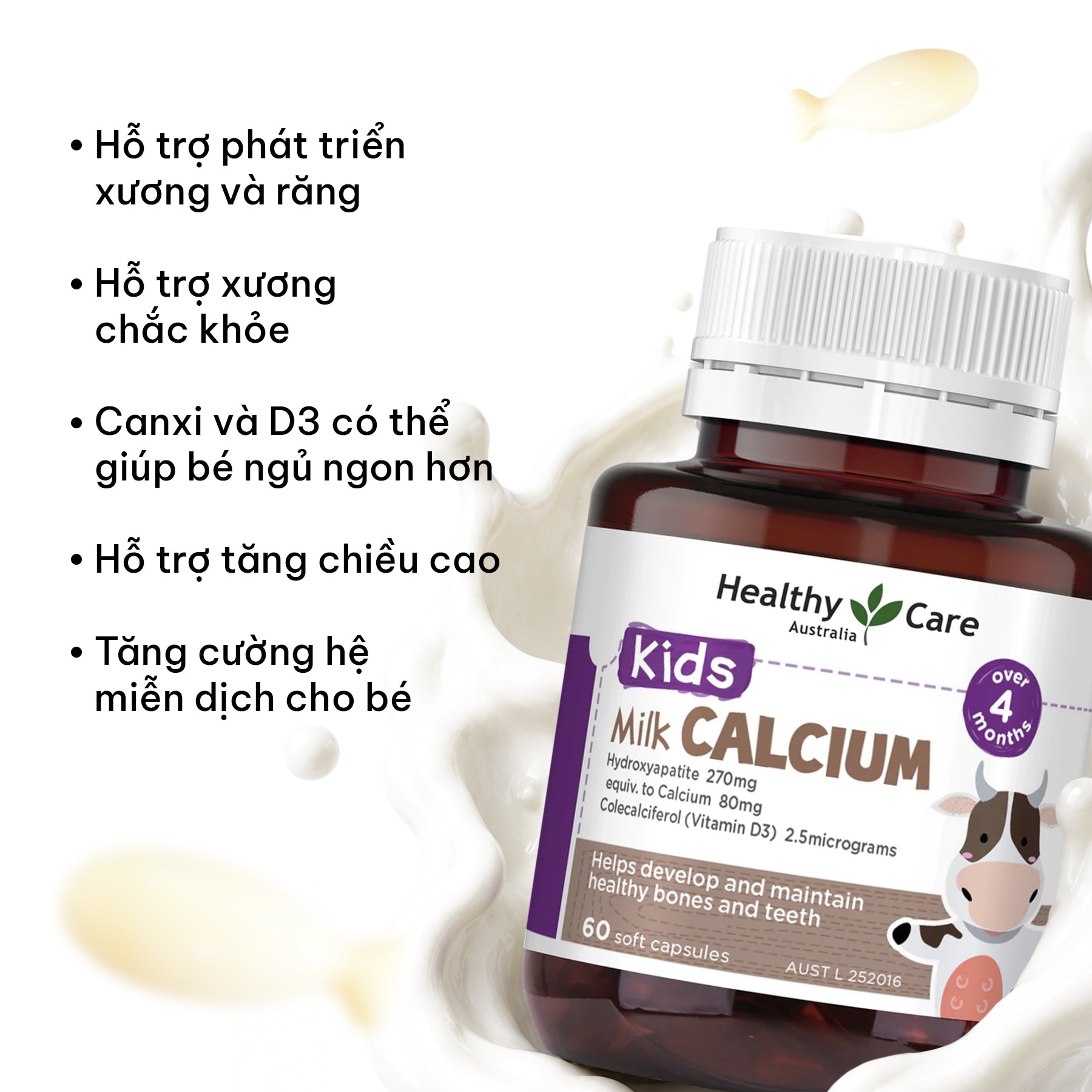 Thực Phẩm Bảo Vệ Sức Khỏe Bổ Sung Canxi Sữa Cho Bé Healthy Care Kids Milk Calcium 60 Viên image