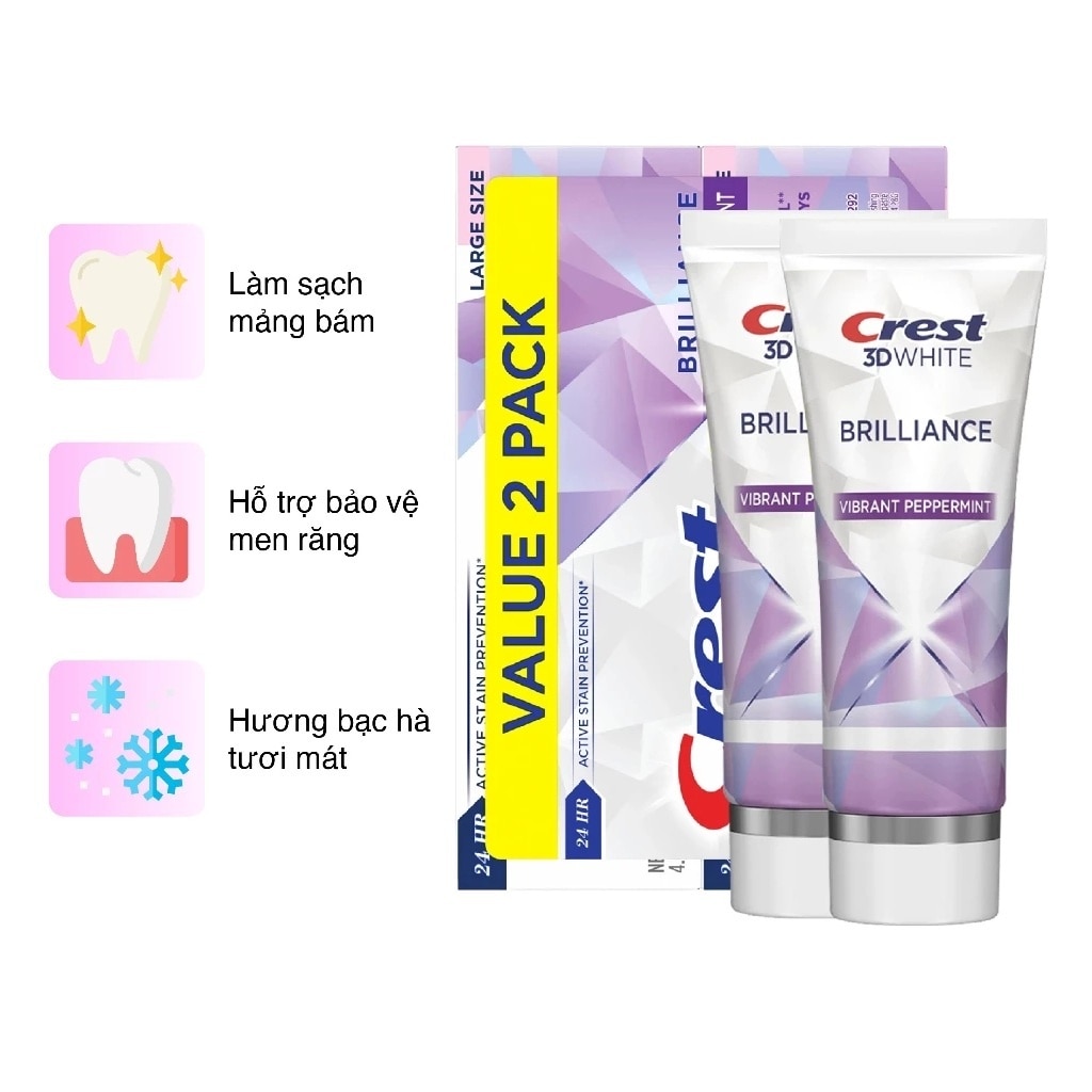 Crest 3D White Brilliance Vibrant Peppermint Toothpaste 130g x 2pcs image